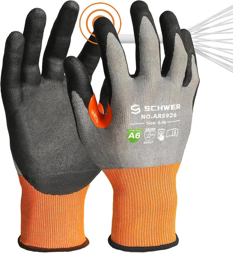Schwer A6 AIR-SKIN Cut Resistant Work Gloves, Comfortable & Breathable, 21-Gauge Seamless Knit Flexible Safety Working Gloves with Grip for Refined Tasks, Touch-screen, Non PFAS, 1 Pair, M, AR5926 - Image 1
